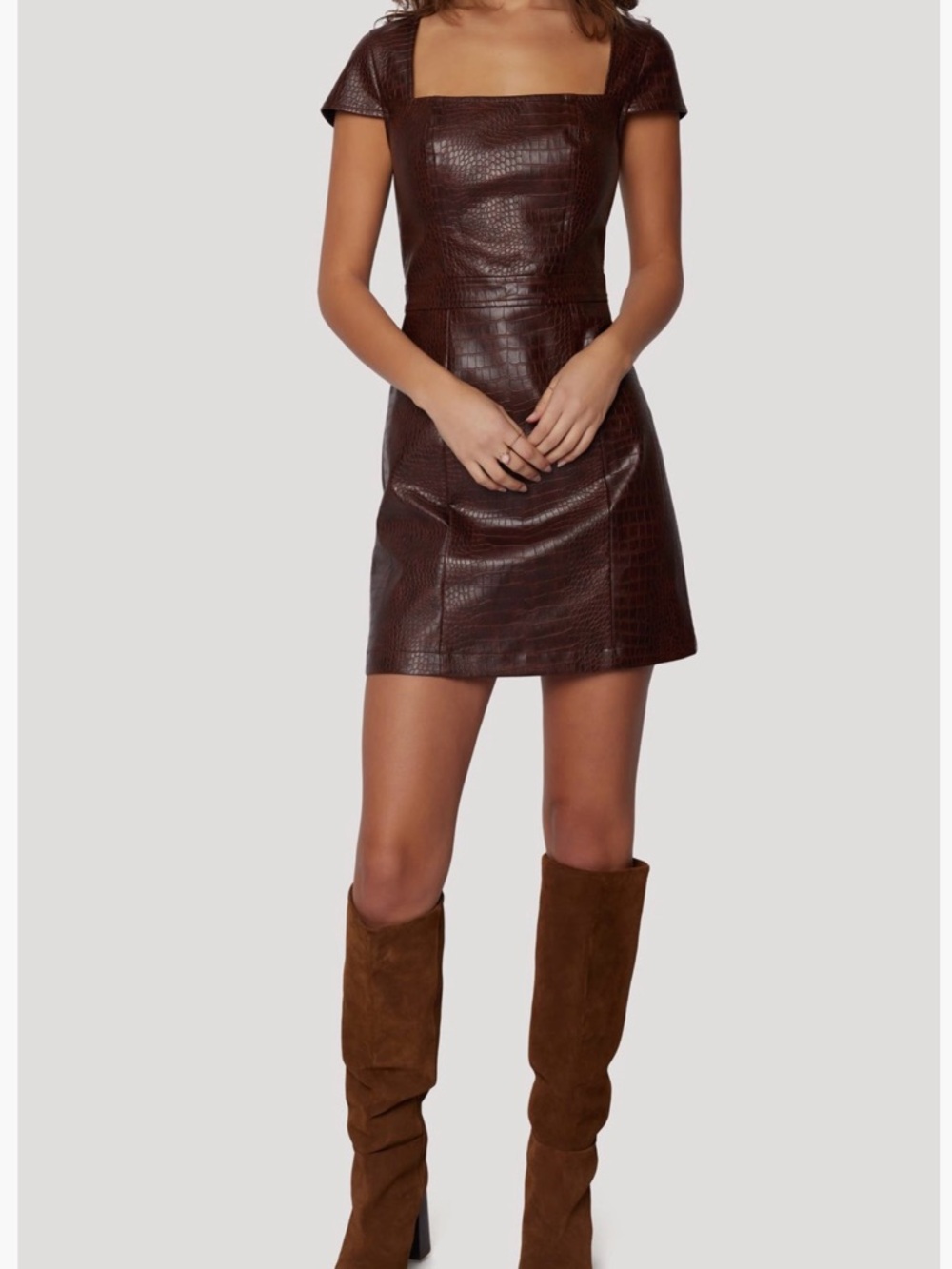 Lost + Wander Chocolate Brown Croc-Embossed Square-Neck Mini Dress